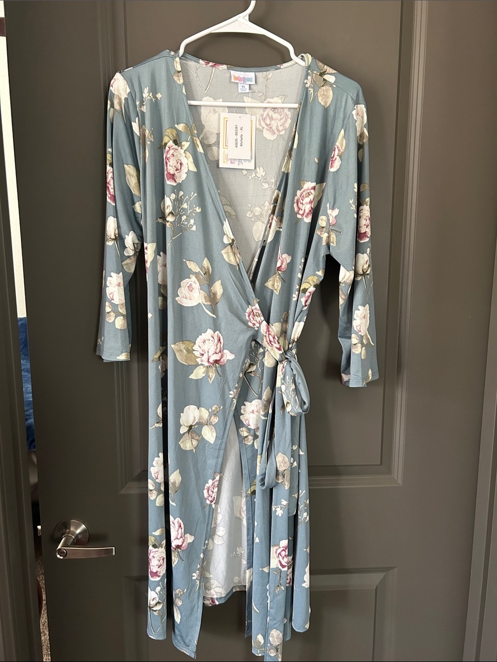 Blue Floral Wrap Dress with Pink Roses